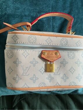 Designer-Inspired Mini Vanity Bag | Blue Monogram Print | Top Handle + Strap